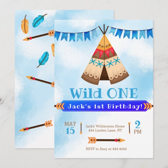 Wild one first birthday boy invitation (Front/Back)