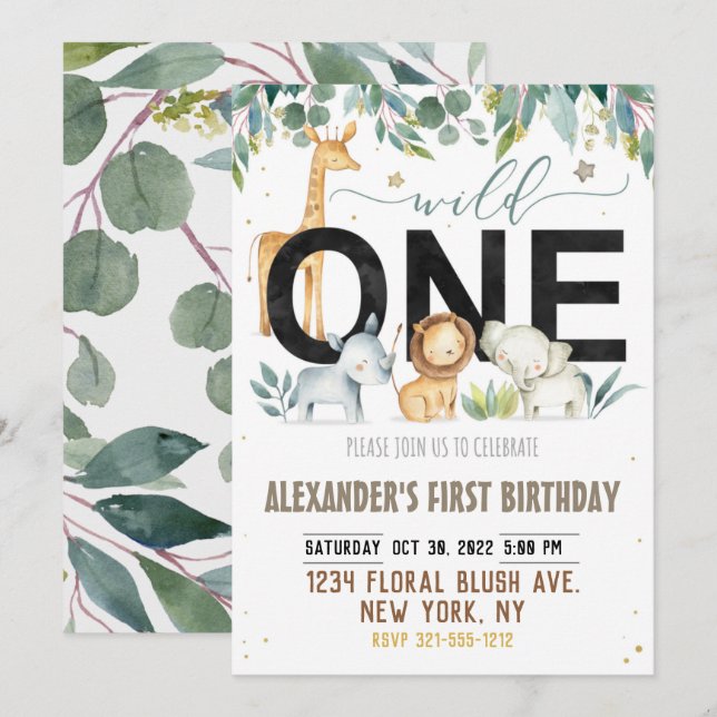 Wild One First Birthday Jungle Animals Birthday Invitation (Front/Back)