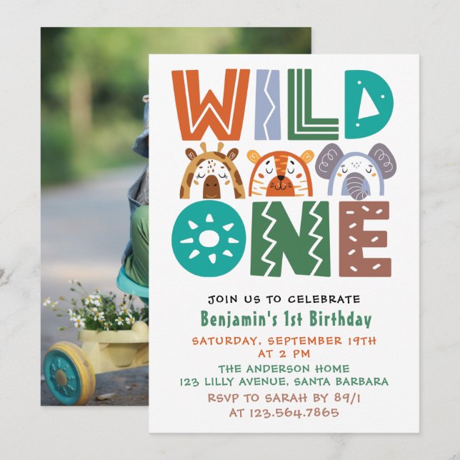 Wild One First Birthday Photo Invitation (Front/Back)