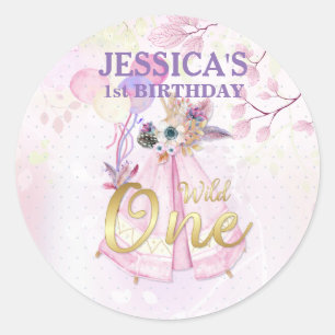 Wild One First Birthday Pink TeePee Boho Classic Round Sticker