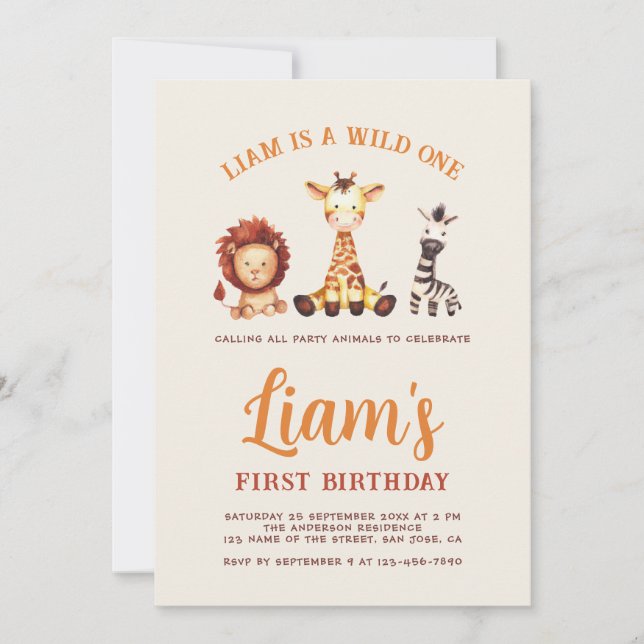 Wild One First Birthday Watercolor Safari Animals  Invitation (Front)