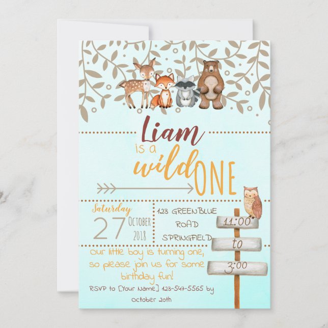 Wild One First Birthday Woodland Theme Invitation (Front)