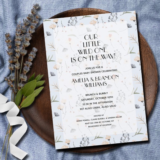Wild One Floral Blue Boy Baby Shower Invitation (Wild One is on the Way! Wildflowers on blue boy baby shower invitations - INSTANT DOWNLOAD & PRINTED)