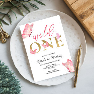 Wild One Floral Butterfly First Birthday Party Invitation