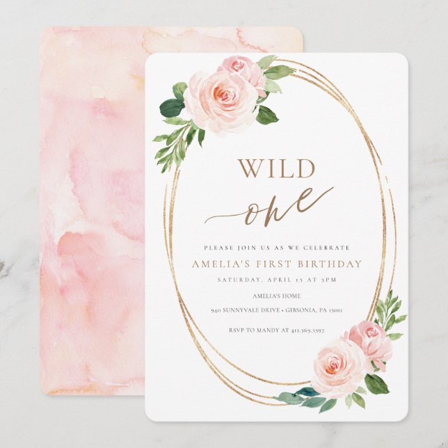 Wild One Floral First Birthday Invitation Girl (Front/Back)