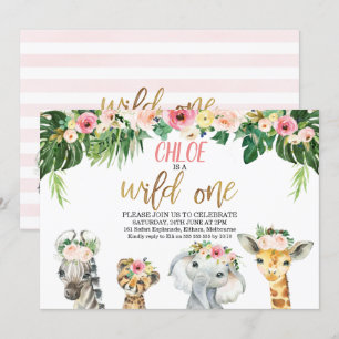 Wild One Floral Foliage Safari Animals Birthday Invitation
