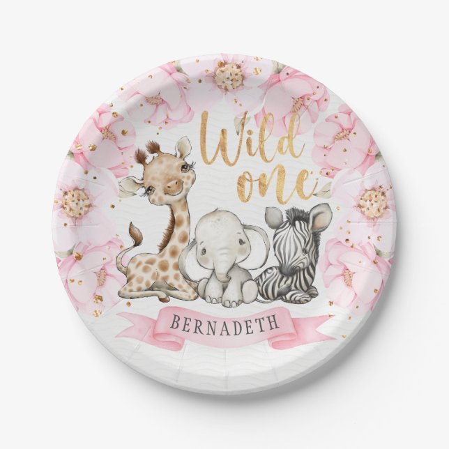 Wild One Floral Peony Safari 1st Birthday Paper Plate (Front)