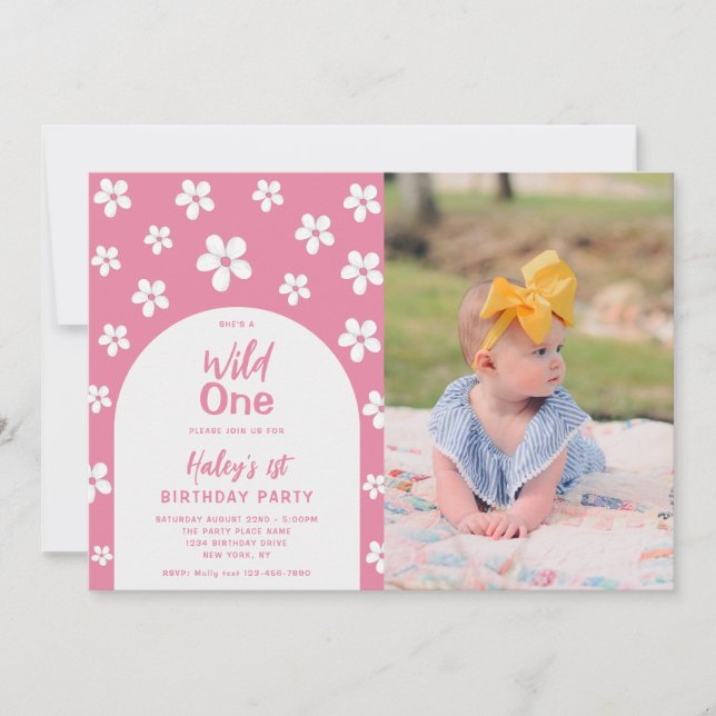 Wild One Floral Photo Baby Girl 1st Birthday Party Invitation (Front)
