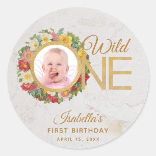 Wild One Floral Photo Rose Wreath First Birthday Classic Round Sticker