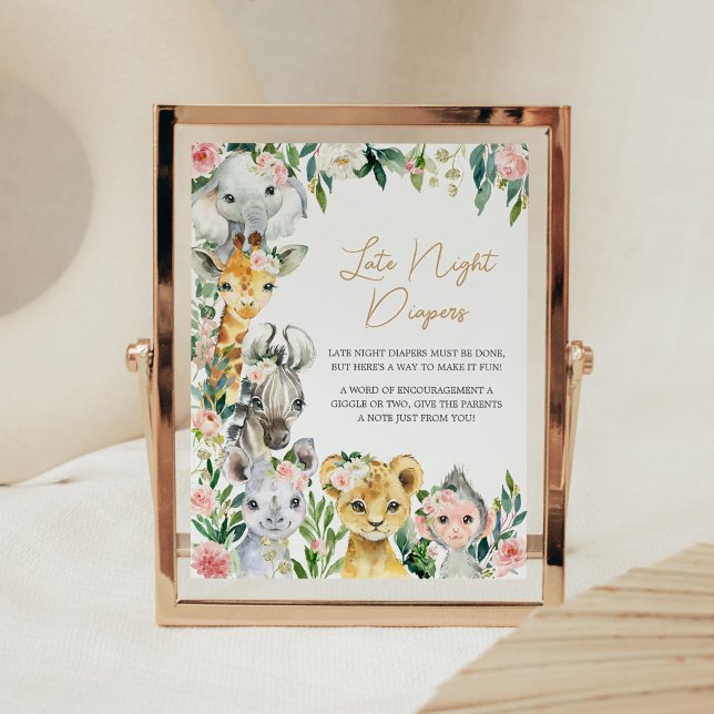 Wild One Floral Safari Late Night Diapers Poster (Greenery Floral Wild One Baby Shower Late Night Diapers Sign)