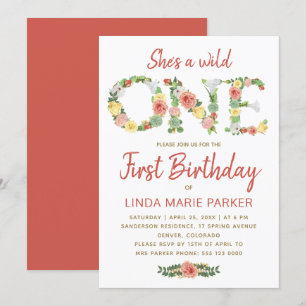 Wild ONE floral typography girl 1st birthday party Invitation