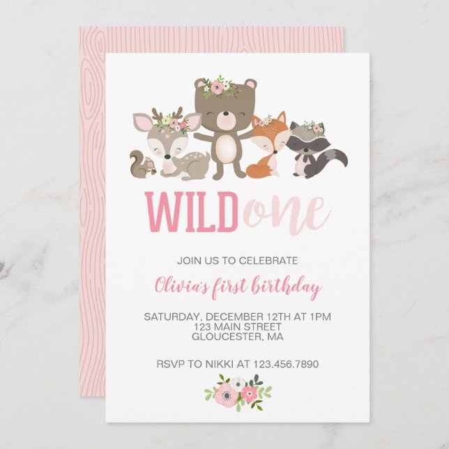 Wild One Floral Woodland Animal First Birthday Inv Invitation (Front/Back)