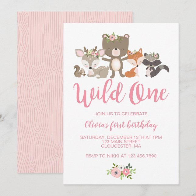 Wild One Floral Woodland Animal First Birthday Inv Invitation (Front/Back)