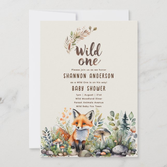 Wild One Fox Baby Woodland Animals Rustic Invitation (Front)