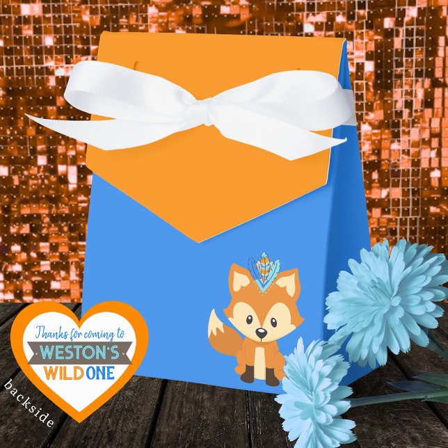 Wild One Fox Blue & Orange Treat Favour Boxes (Wild One Forest Fox Royal Blue & Orange Treat Favor Boxes. Personalized Backside)