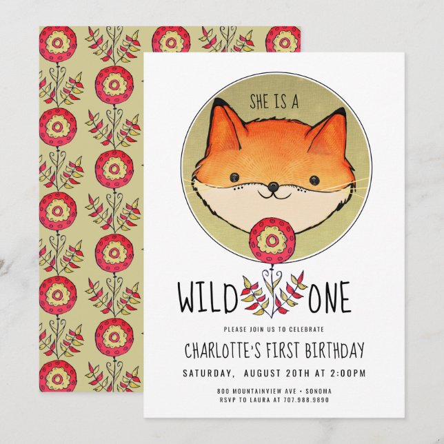 Wild One Fox First Birthday Invitation (Front/Back)