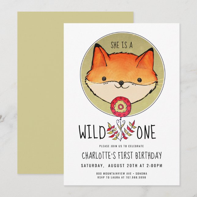 Wild One Fox Girl's 1st Birthday Invitation (Front/Back)