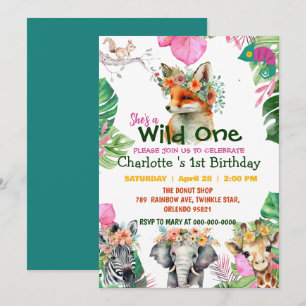 Wild One Fox Safari jungle 1st Animals Birthday Invitation