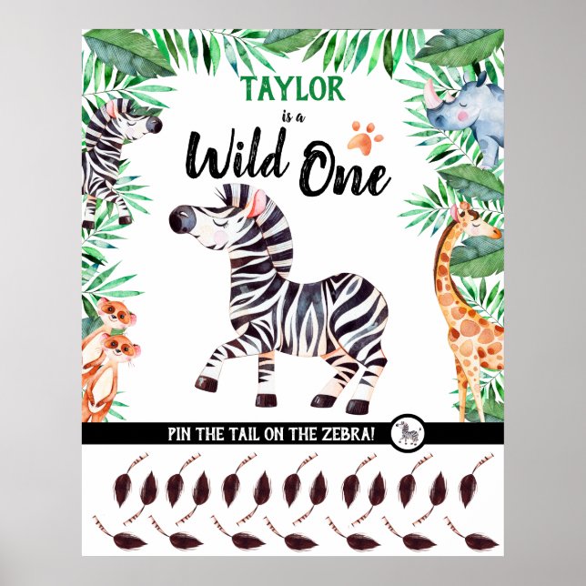 Wild One Game Safari Animal Zebra 1st Birthday Poster (Front)