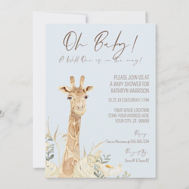 Wild One Giraffe Floral Pastel Blue Boy Baby Invit Invitation (Front)