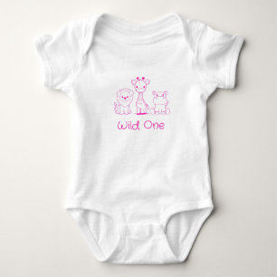 "Wild One" Giraffe, Lion, Hippo Pink Outline Baby Bodysuit