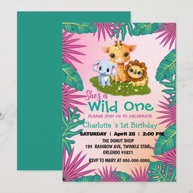 Wild One Giraffe lion jungle 1st Animal Birthday  Invitation (Front/Back)