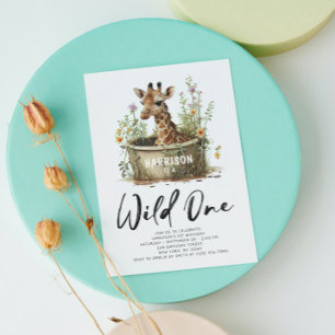 Wild One Giraffe Photo QR Code 1st Birthday Invitation