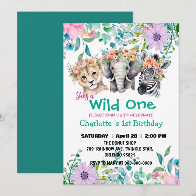 Wild One Giraffe zebra jungle 1st Animals Birthday Invitation (Front/Back)