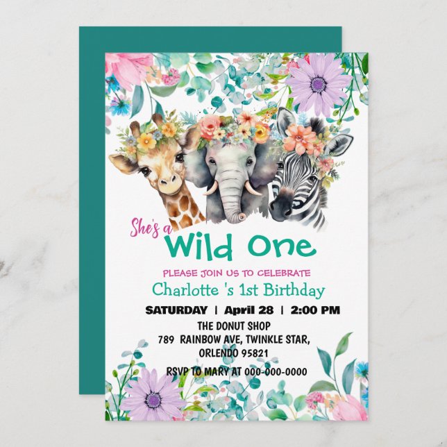 Wild One Giraffe zebra jungle 1st Animals Birthday Invitation (Front/Back)