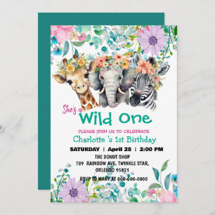 Wild One Giraffe zebra jungle 1st Animals Birthday Invitation