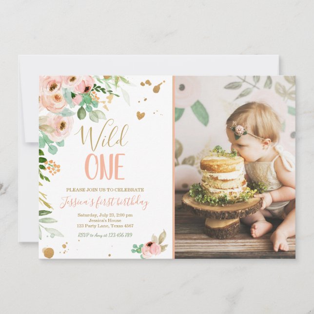 Wild One Girl 1st Birthday Invite Floral Pink Gold (Front)