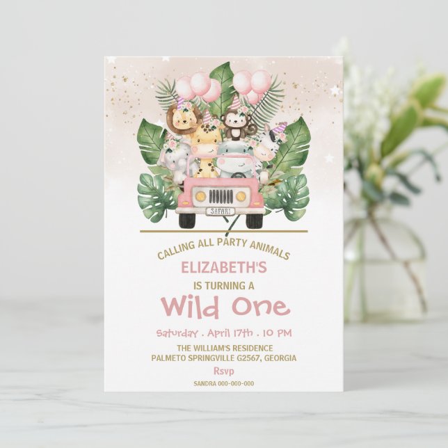 Wild One Girl 1st Birthday Jungle Safari Animals Invitation (Standing Front)