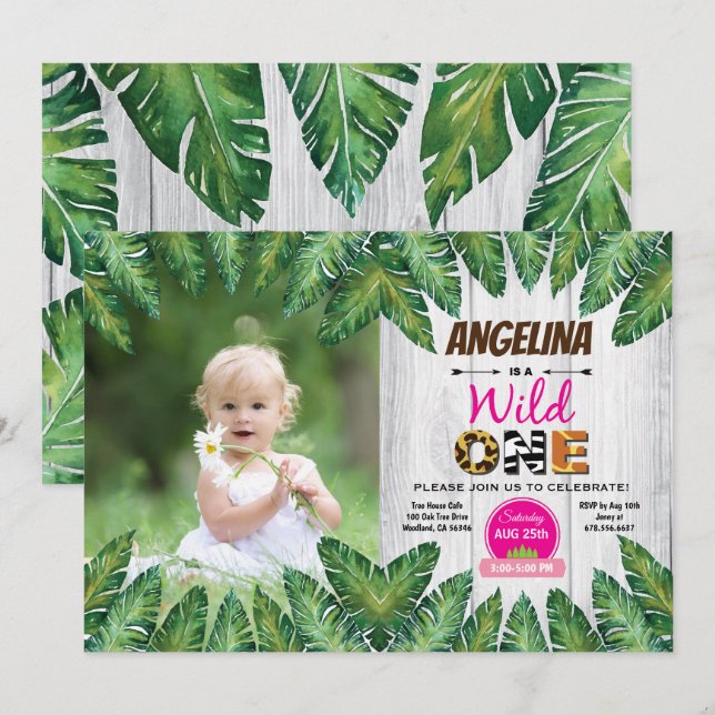 Wild one girl 1st birthday party photo invitation (Front/Back)