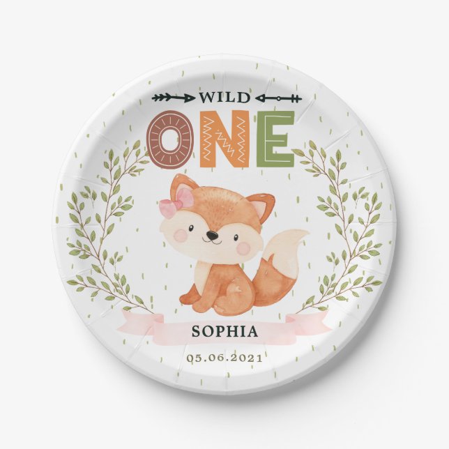 Wild One Girl Baby Fox 1st Birthday Paper Plate (Front)