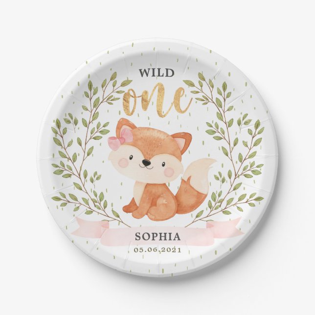 Wild One Girl Baby Fox 1st Birthday Paper Plate (Front)