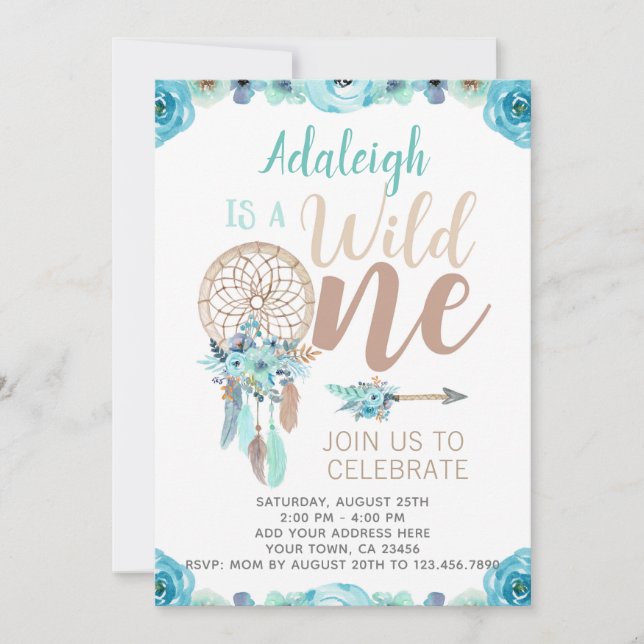 Wild One Girl Birthday Invitation, Dreamcatcher Invitation (Front)