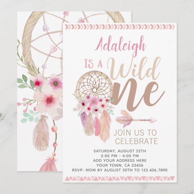 Wild One Girl Birthday Invitation, Dreamcatcher Invitation (Front/Back)