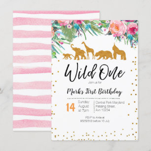 Wild One Girl Birthday Invitation Jungle Animals