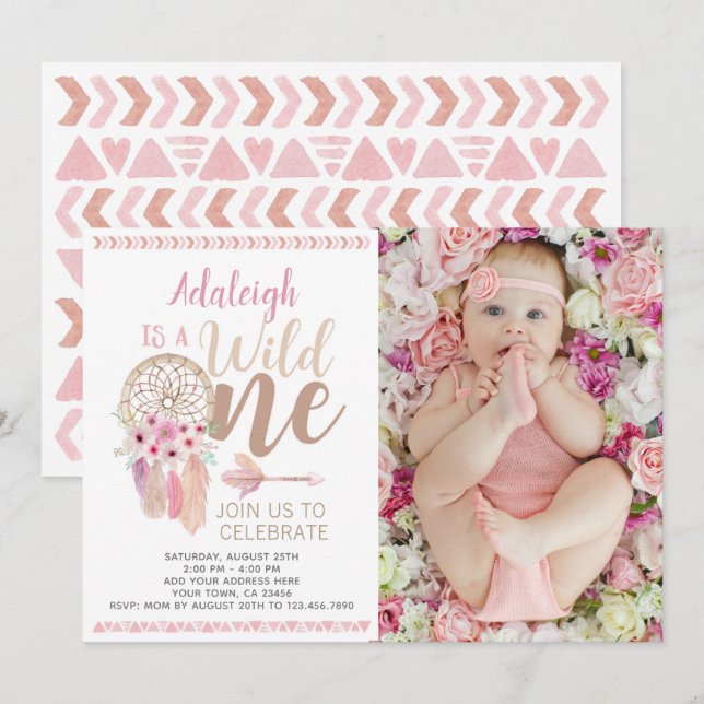 Wild One Girl Birthday Invitation with Photo (Front/Back)