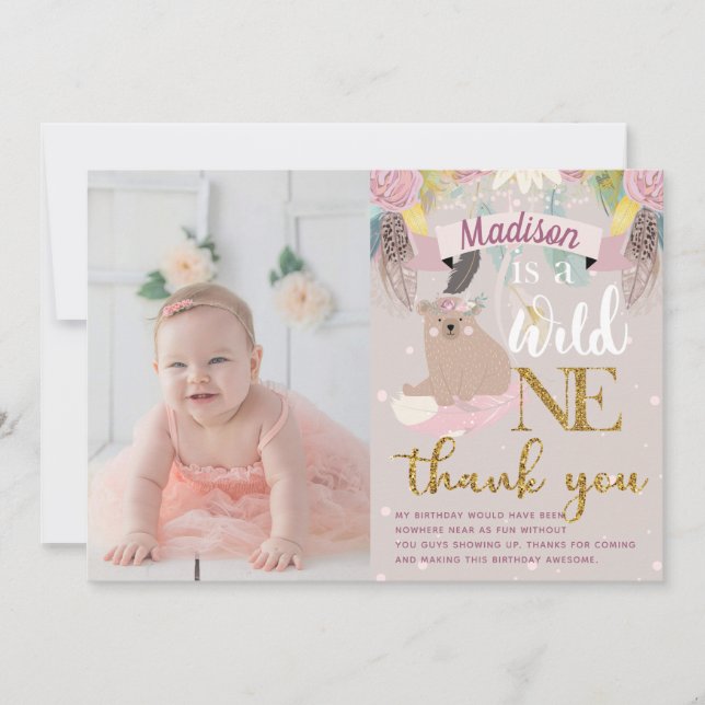 Wild One Girl Birthday Thank you (Front)