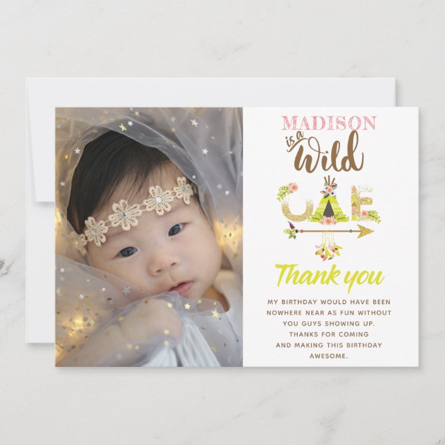 Wild One Girl Birthday Thank you Gold Glitter Card (Front)