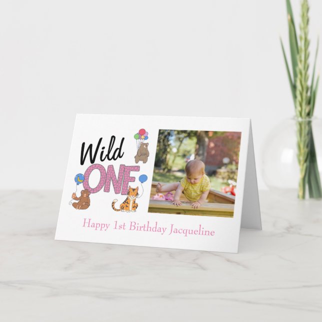 Wild One Girl First Birthday Jungle Animals Photo Card (Front)