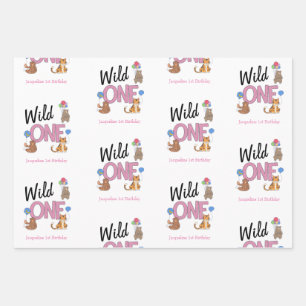 Wild One Girl First Birthday Safari Jungle Animals Wrapping Paper Sheet