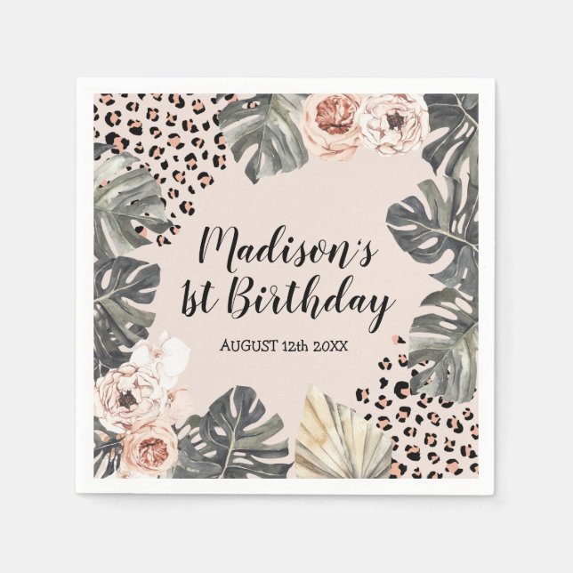 Wild One Girl Leopard Print Birthday Paper Napkin (Front)