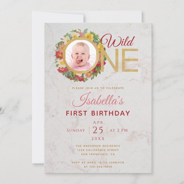 Wild One Girl Photo in Rose Wreath First Birthday Invitation (Front)