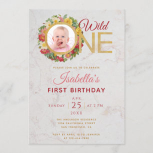 Wild One Girl Photo in Rose Wreath First Birthday Invitation