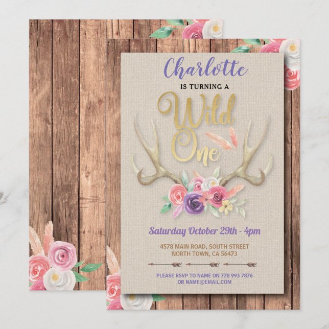 Wild ONE Girls Antlers Flowers Birthday Party Invitation (Front/Back)