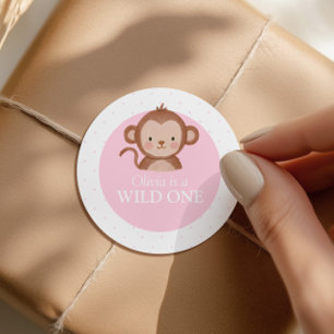 Wild One Girls' Safari Pink Monkey Birthday Classic Round Sticker