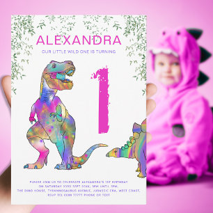 Wild One Girls T Rex 1st Birthday Party Invitation