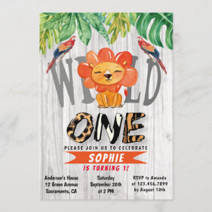 Wild One Girls Watercolor Safari Lion 1st Birthday Invitation